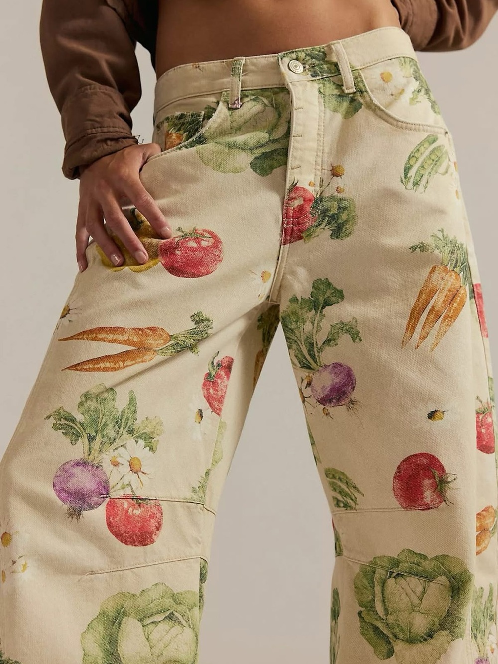 We The Free Cream Denim Wide-Leg Jeans with Vegetable Motif